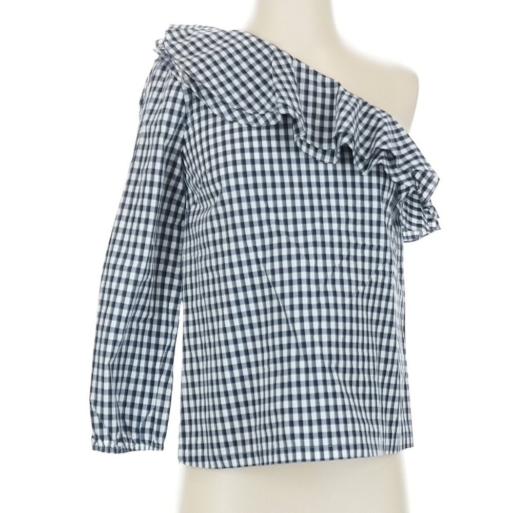 J.Crew One Shoulder Ruffle Top Gingham Navy White Size 0 NWT Summer Date Night - Picture 2 of 6